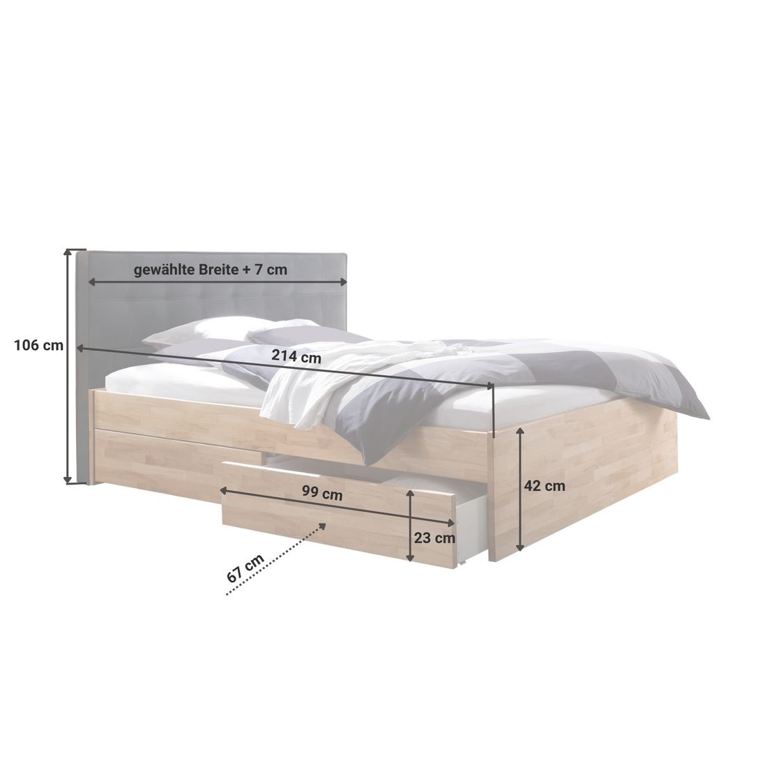 Doppelbett Mirenda Komfort Kernbuche Massivholz mit Schubkasten