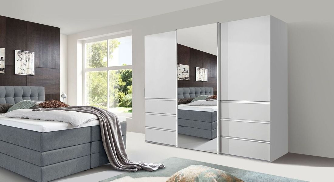 Schwebetüren-Kleiderschrank Tanaria mit Spiegel und Schubladen