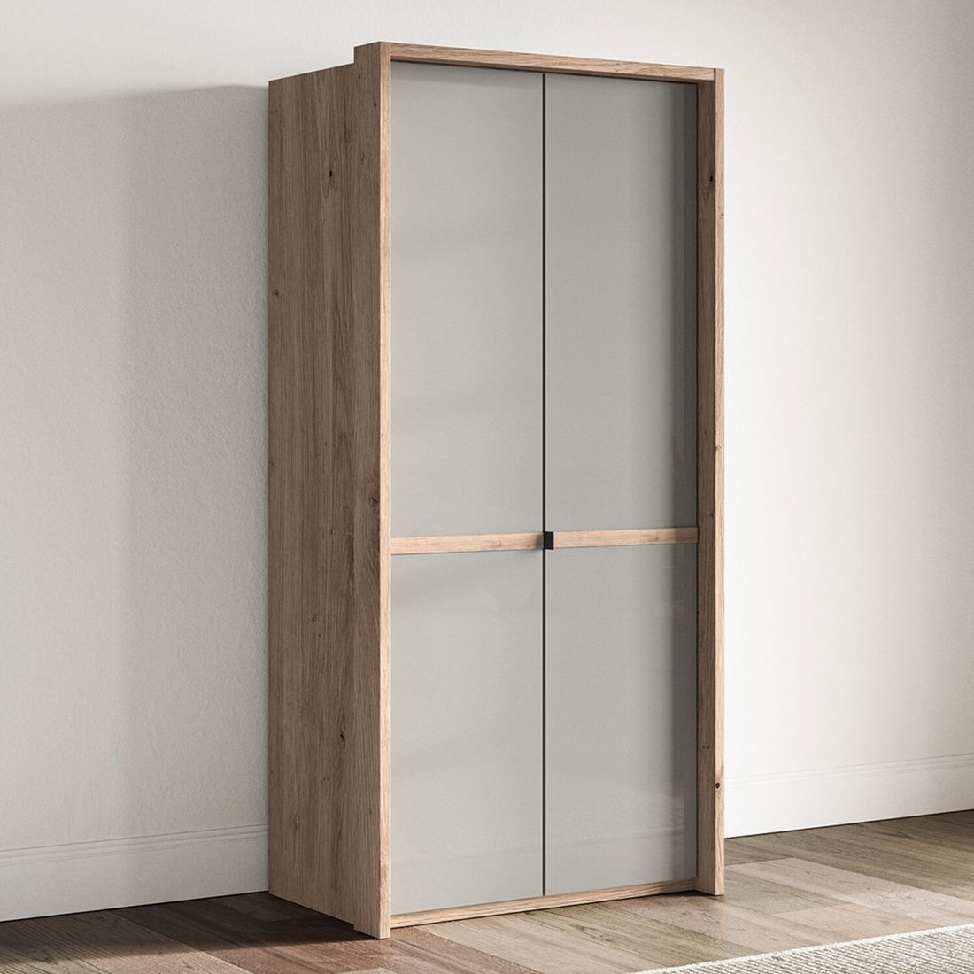 Drehtüren-Kleiderschrank Tiam Eiche Dekor mit Glasfront