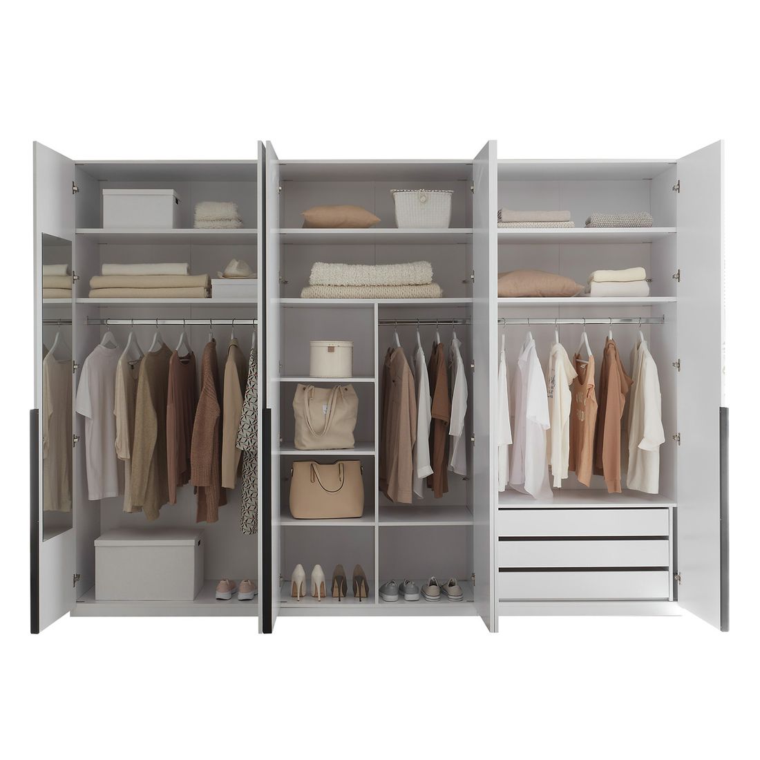 Drehtüren-Kleiderschrank Torvian 302x225cm mit Innenausstattung Weiß Hochglanz