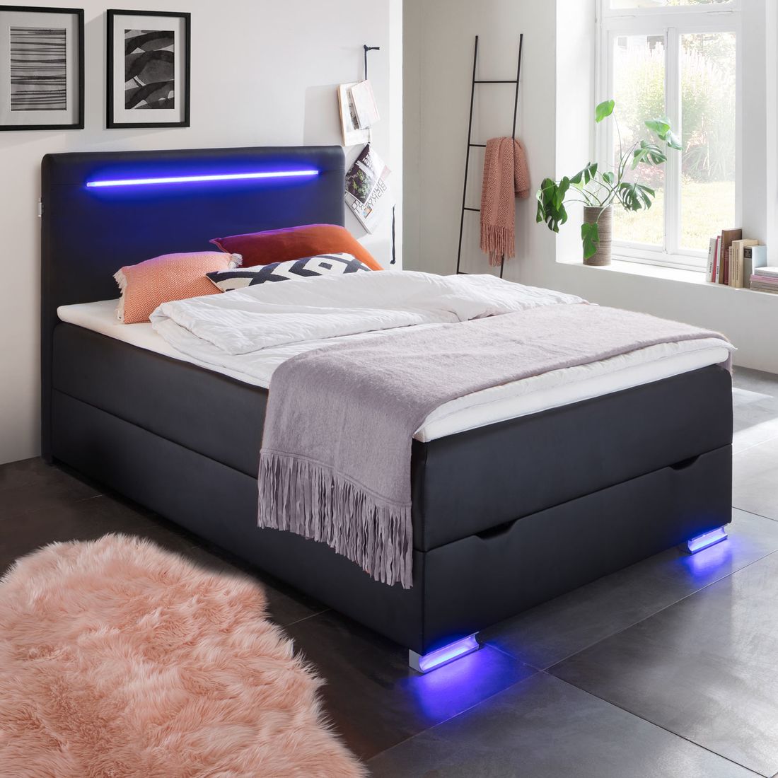 Boxspringbett Andrik Kunstleder mit Beleuchtung und Bettkasten