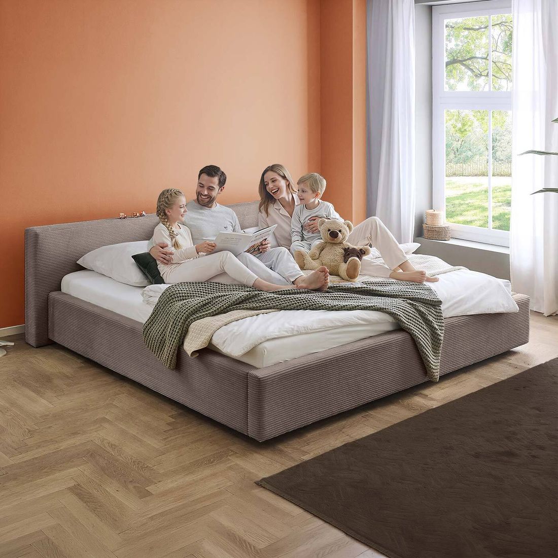 HOMELIV. Familienbett Dorisa Cord mit Bettkasten und Lattenrost 240x200cm