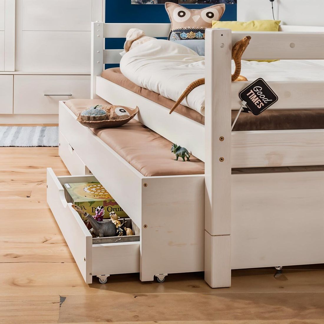 Ausziehbett Kids Paradise Kiefer Massivholz mit Lattenrost und Bettschublade 90x200cm