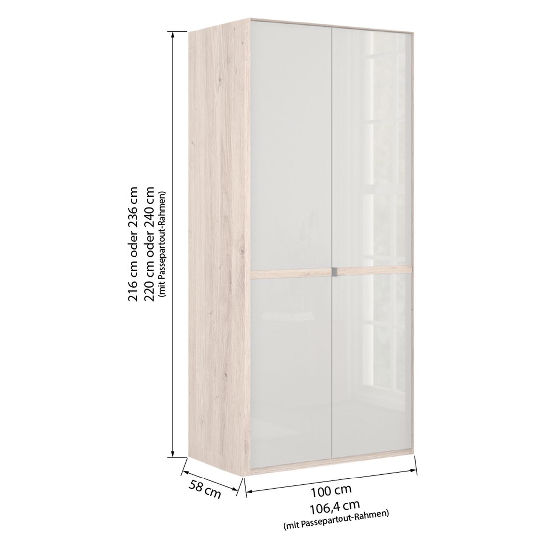 Drehtüren-Kleiderschrank Tiam Eiche Dekor mit Glasfront