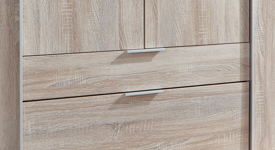 Drehtüren-Kleiderschrank Coreno Eiche Dekor mit Schubladen und Innenausstattung