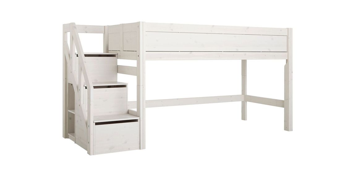 LIFETIME Midi-Hochbett Original Kiefer Massivholz mit Lattenrost und Treppenmodul