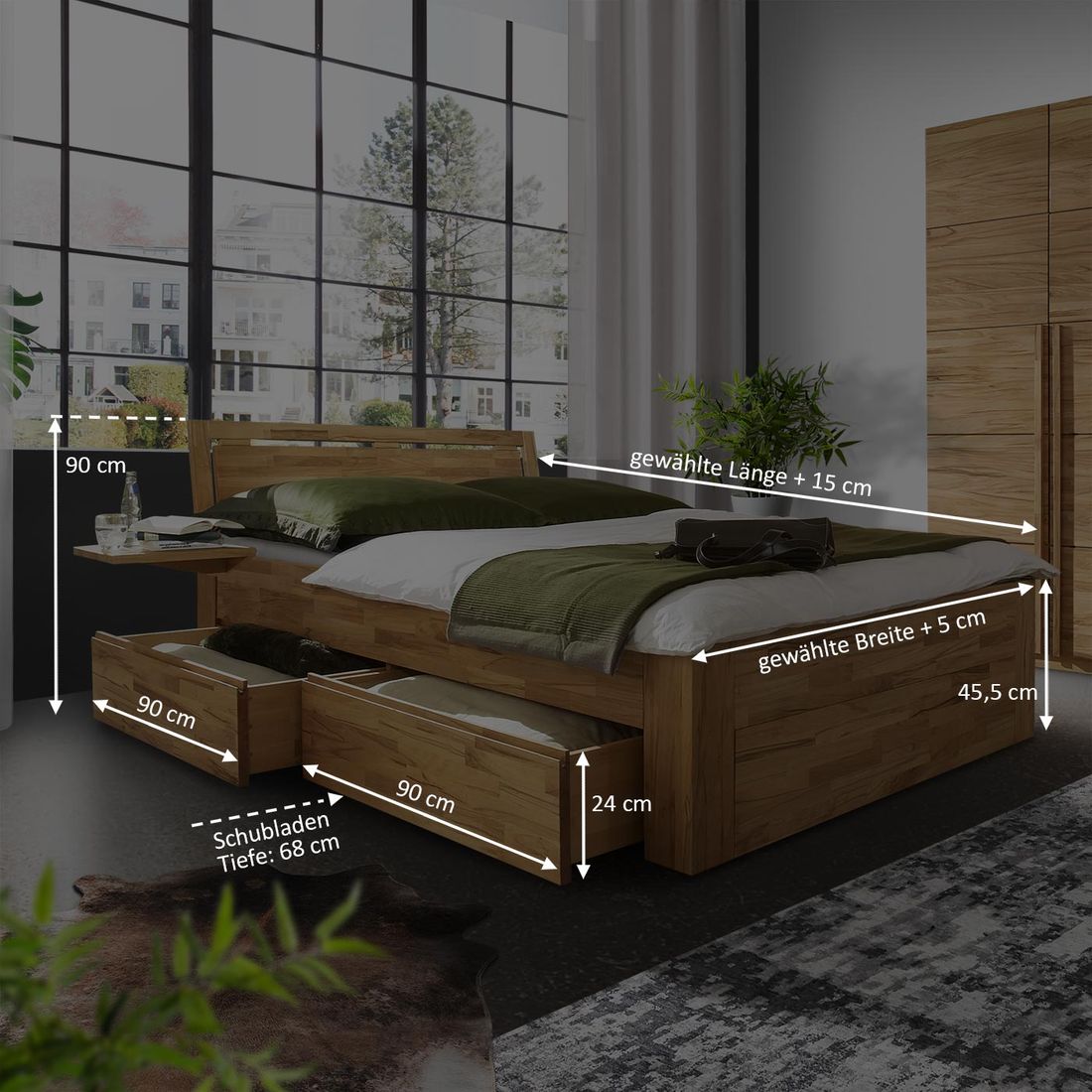 Doppelbett Andalucia Komfort Kernbuche Massivholz mit Schubkasten