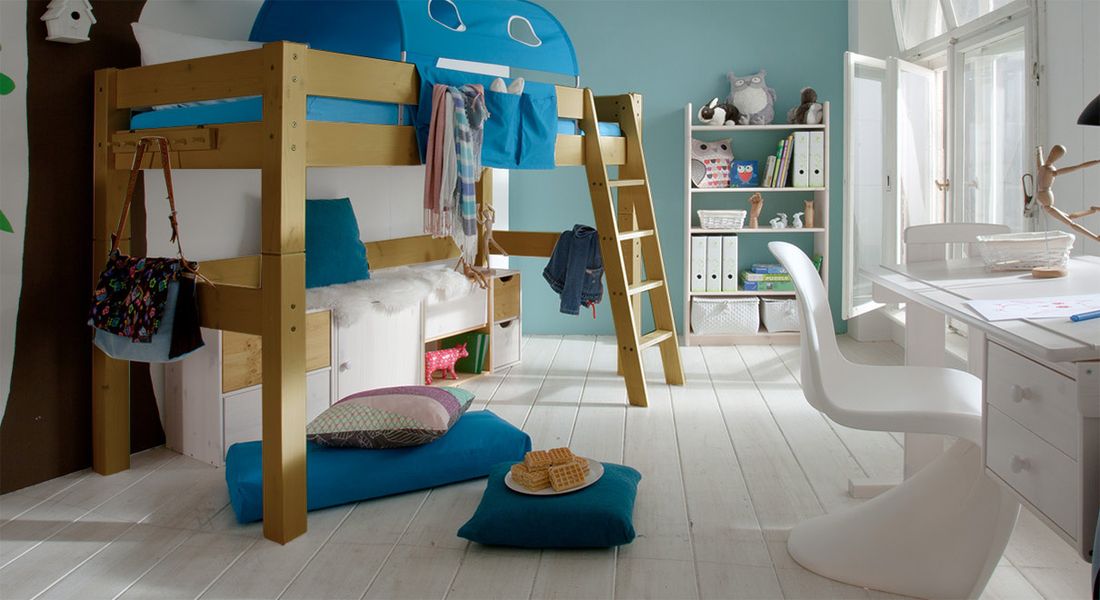 Midi-Hochbett Kids Dreams Kiefer Massivholz mit Lattenrost