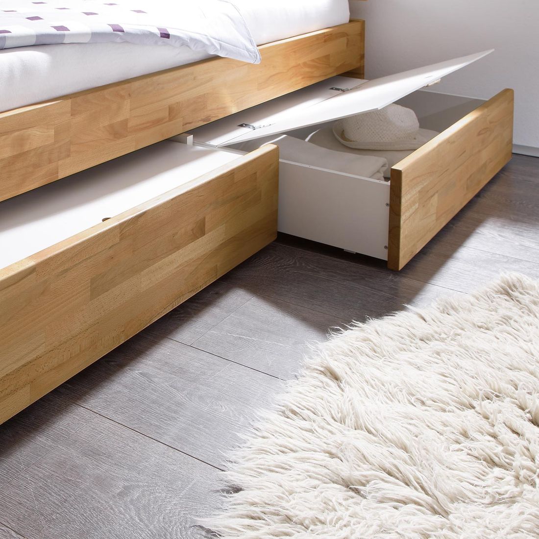 Doppelbett Manchester Komfort Kernbuche Massivholz mit Schubkasten