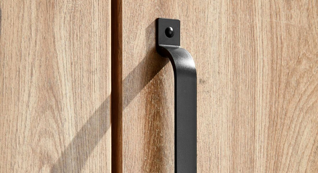 Drehtüren-Kleiderschrank Mancos Eiche Dekor mit Spiegel und Schubladen