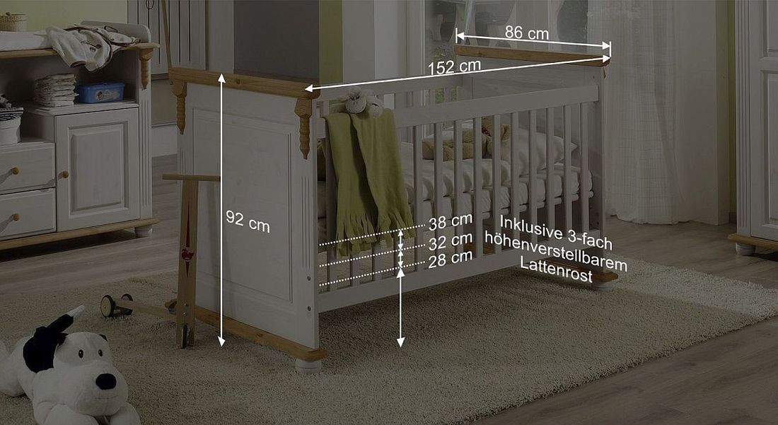 Babybett Countryside Kiefer Massivholz mit Lattenrost und Schlupfsprossen