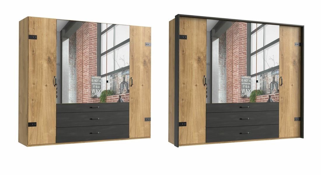 Drehtüren-Kleiderschrank Mancos Eiche Dekor mit Spiegel und Schubladen