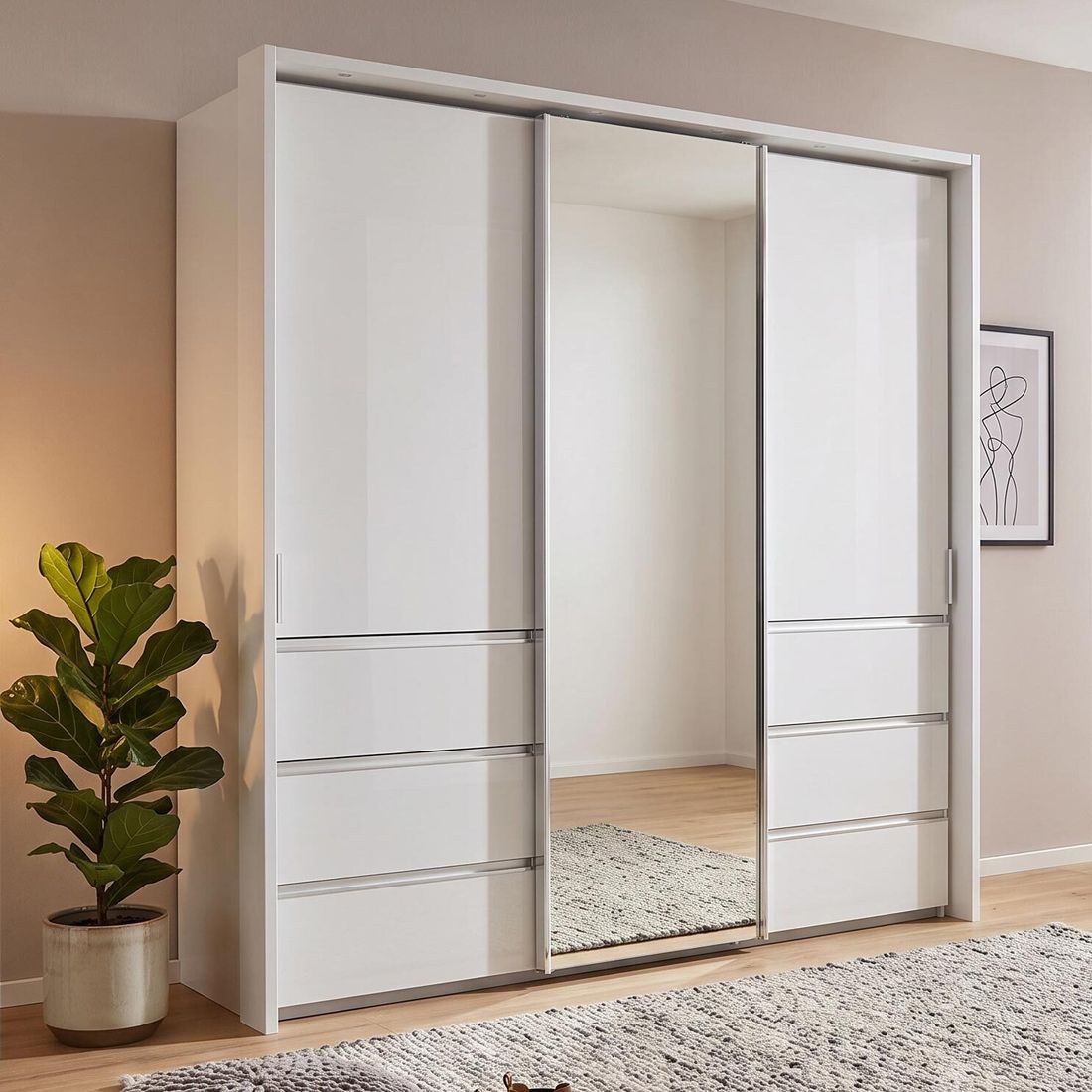 Schwebetüren-Kleiderschrank Tanaria mit Spiegel und Schubladen