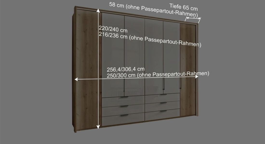 Drehtüren-Kleiderschrank Estiva Eiche Dekor mit Glasfront und Schubladen
