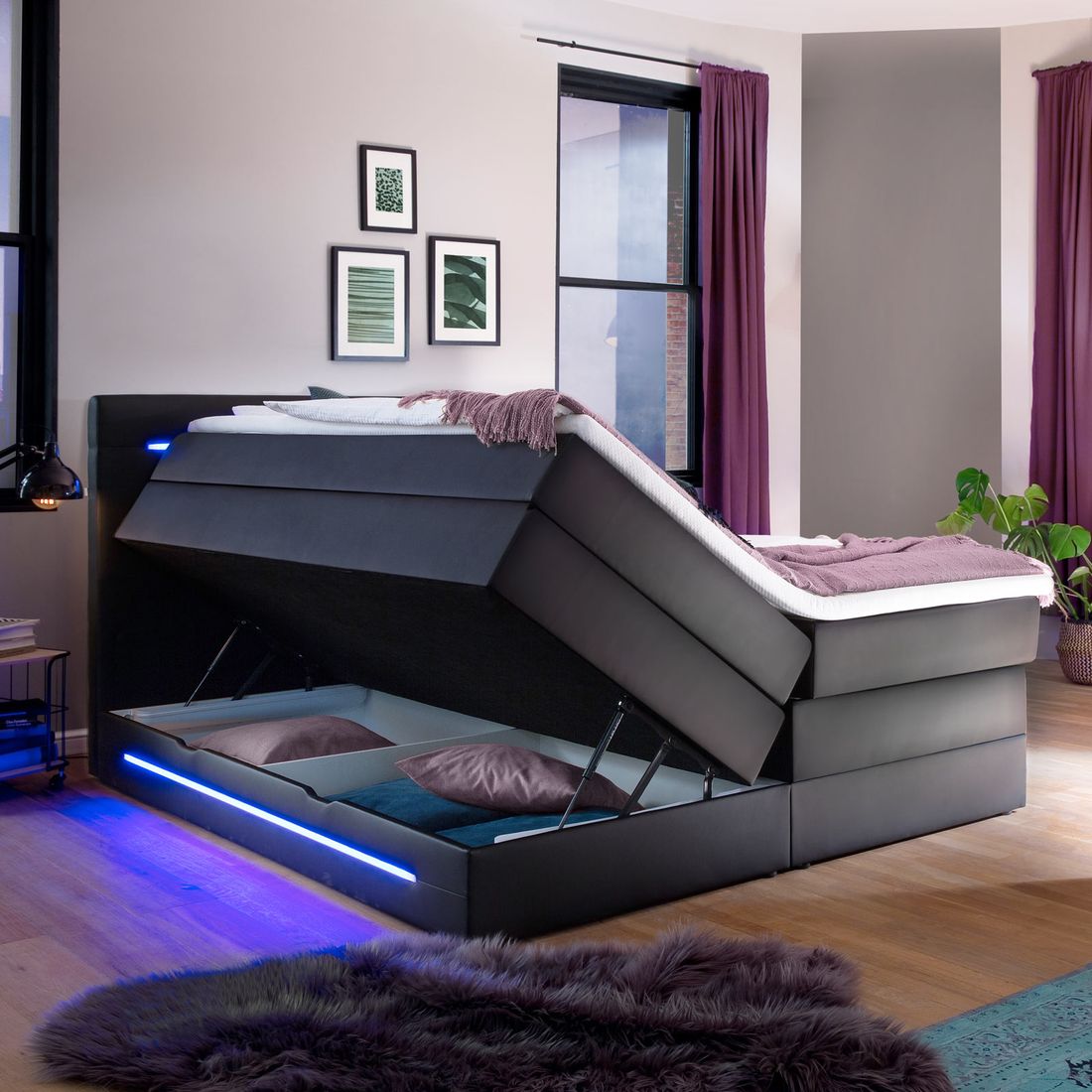 Boxspringbett Tollocan Kunstleder mit Beleuchtung und Bettkasten