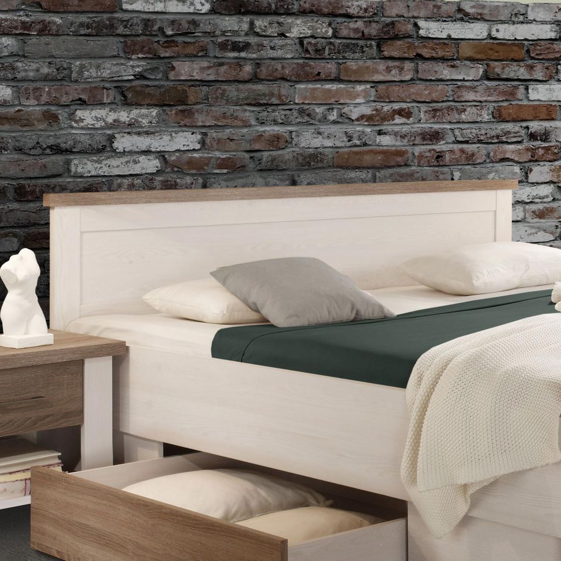 Bett Jordi Komfort Pinie Dekor mit Nachttischen und Schubkasten
