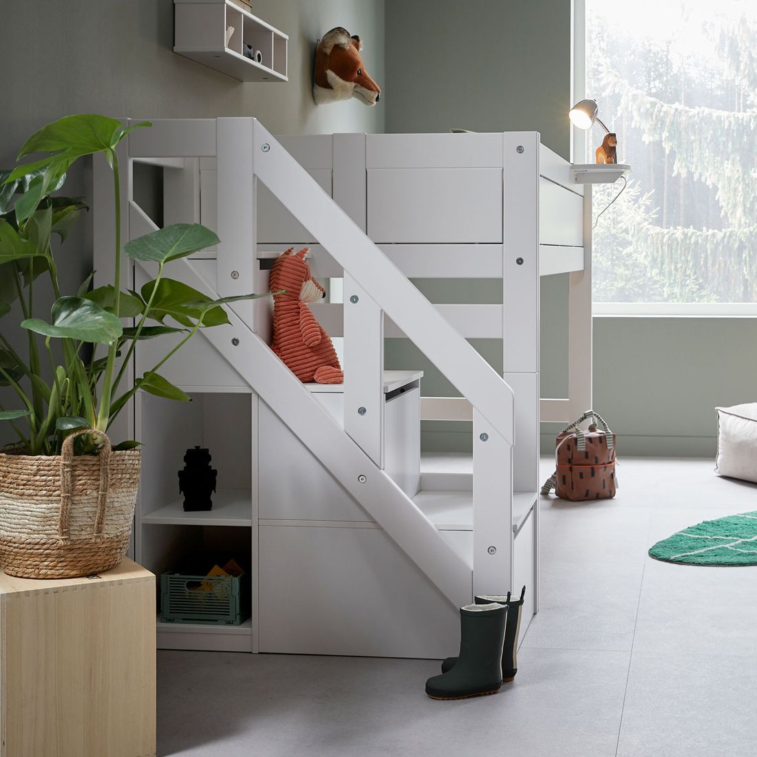 LIFETIME Midi-Hochbett Original Kiefer Massivholz mit Lattenrost und Treppenmodul