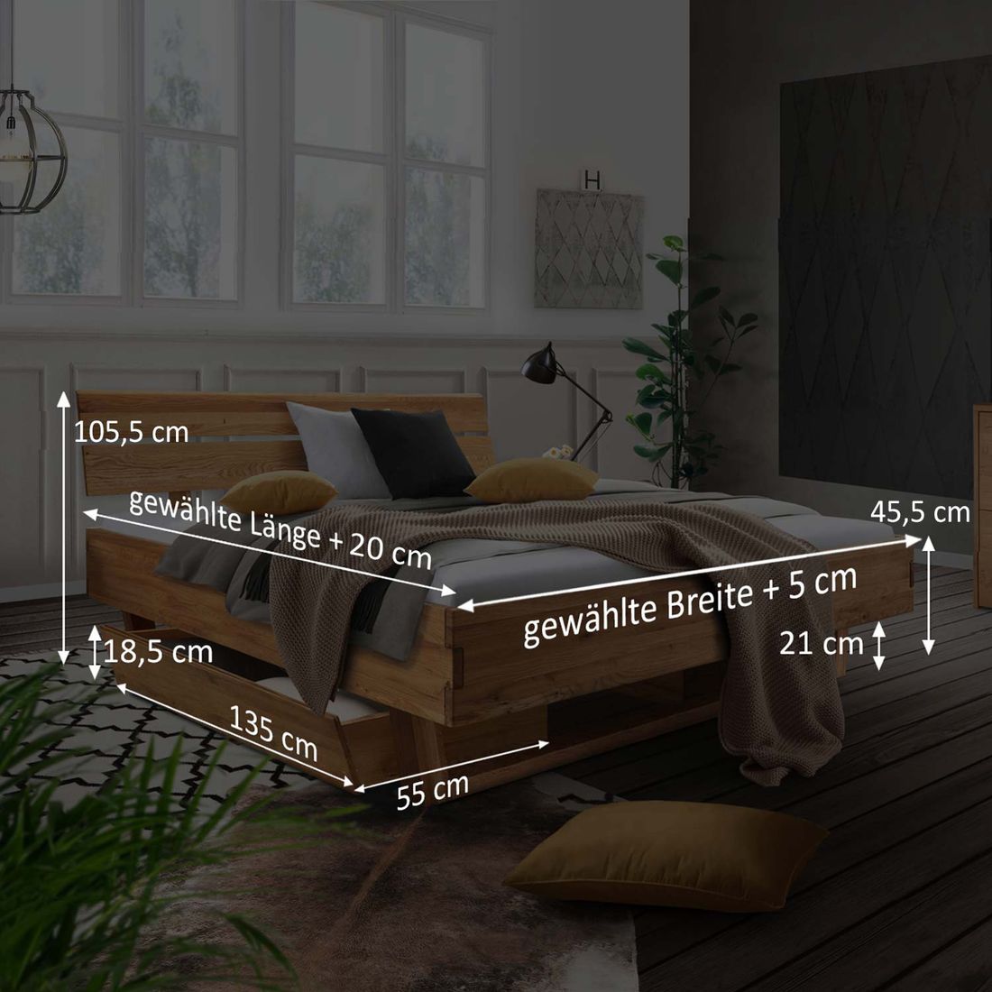 Bett Inula Komfort Wildeiche Massivholz mit Schubkasten