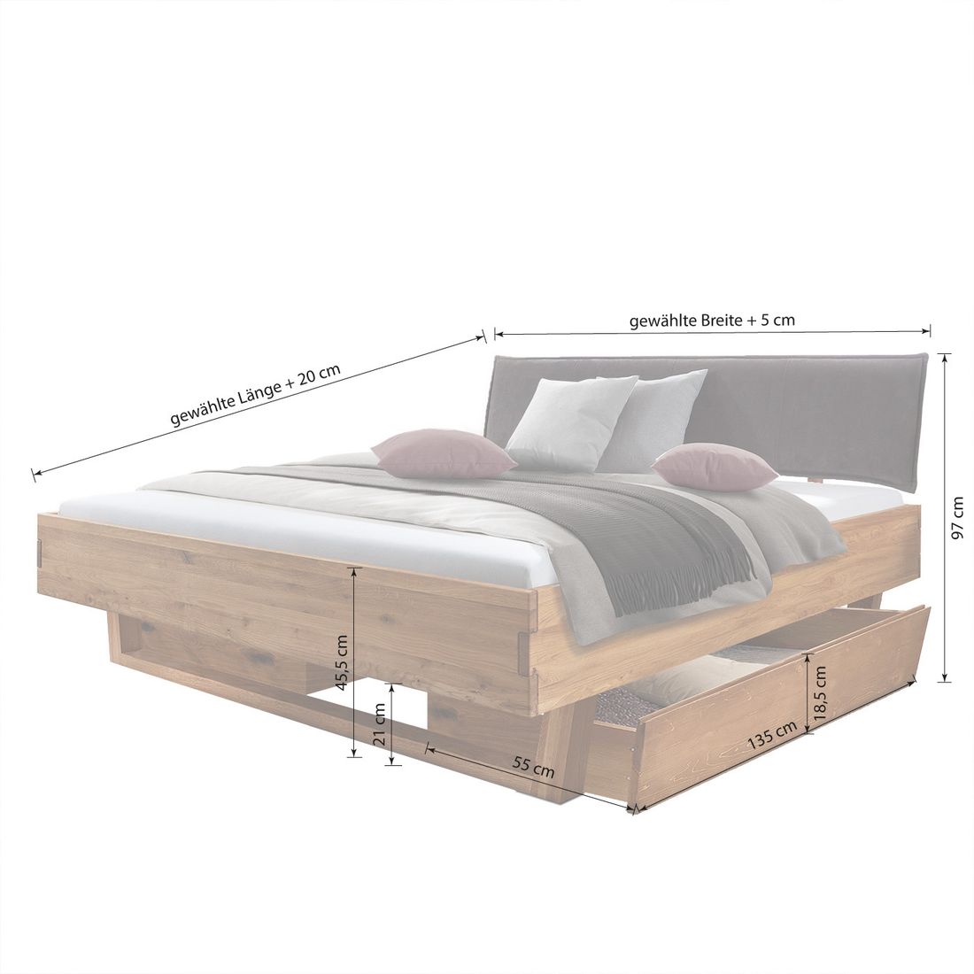 Bett Lobivia Komfort Wildeiche Massivholz mit Schubkasten