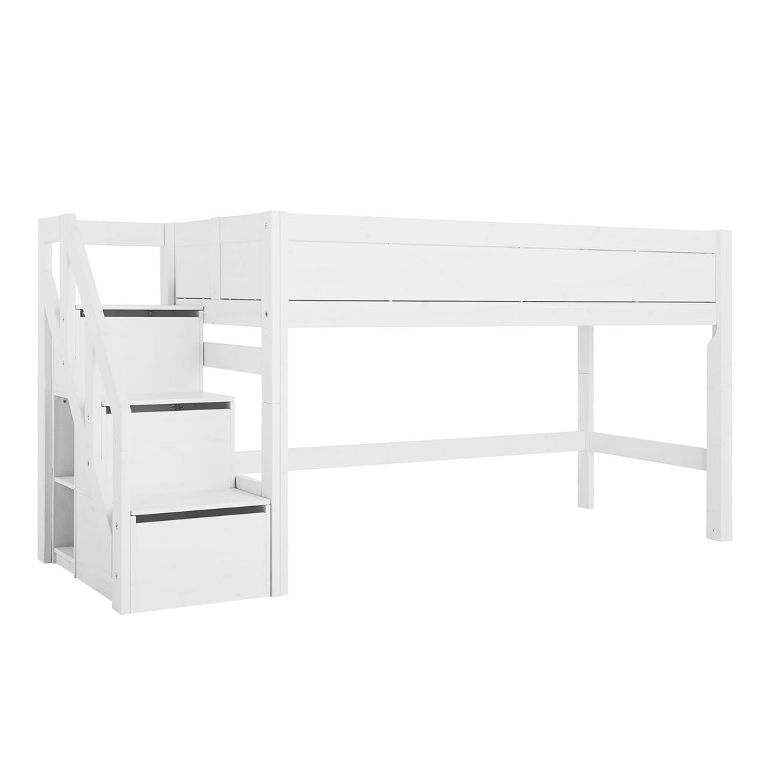 LIFETIME Midi-Hochbett Original Kiefer Massivholz mit Lattenrost und Treppenmodul