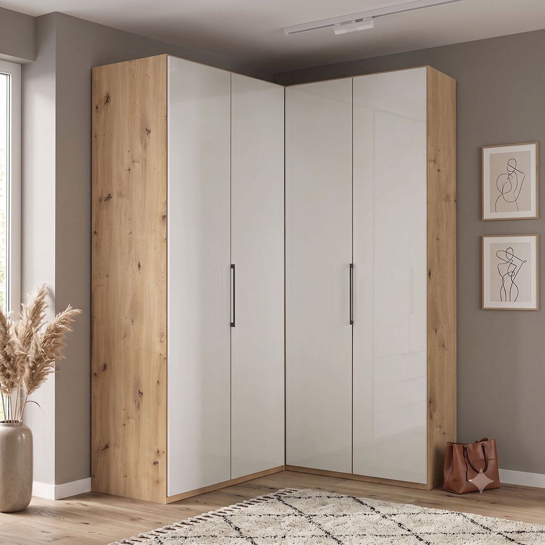 Eck-Kleiderschrank Estiva Eiche Dekor mit Glasfront