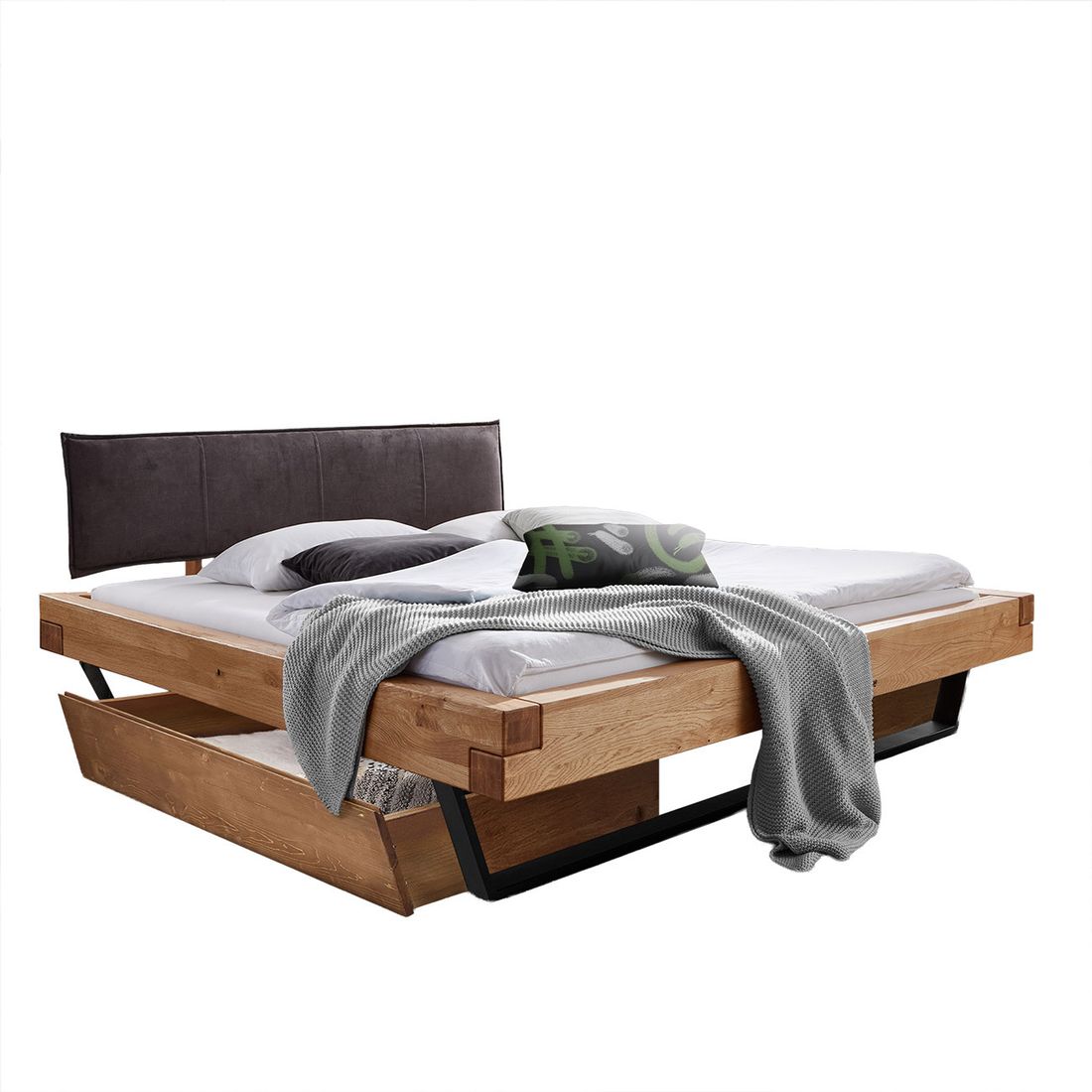 Balkenbett Nerine Wildeiche Massivholz mit Schubkasten