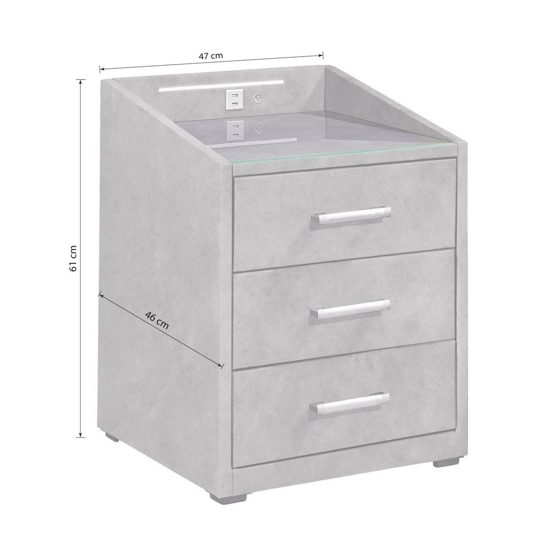 Polsternachttisch Tobin Microvelours H 61cm mit LED-Beleuchtung und USB-Anschluss