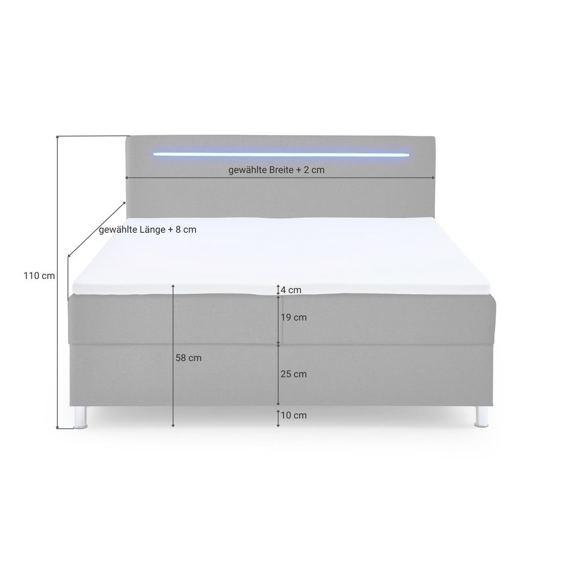 Boxspringbett Oritel Webstoff mit Beleuchtung und Bettkasten
