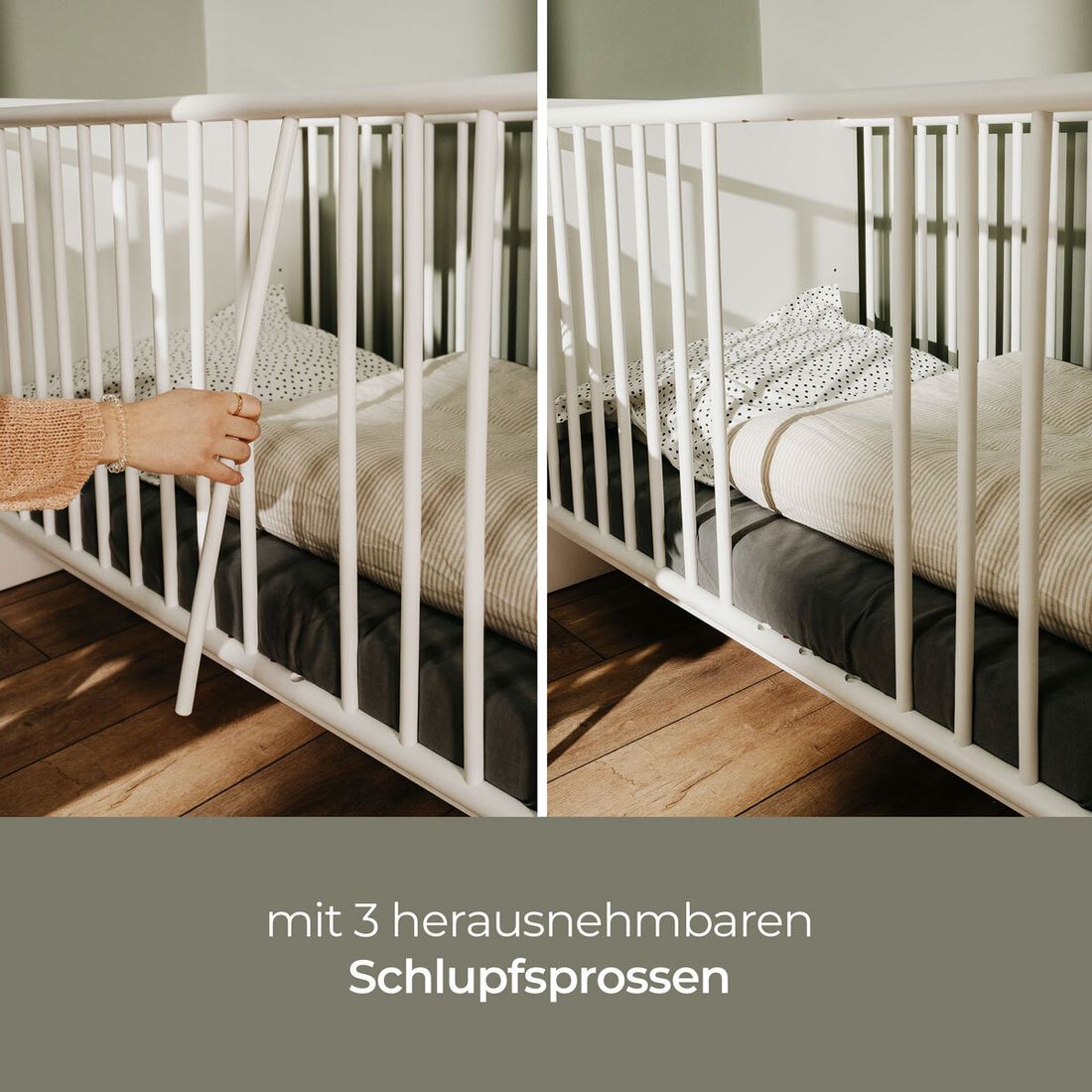 Babybett Folda teilmassiv mit Lattenrost und Schlupfsprossen