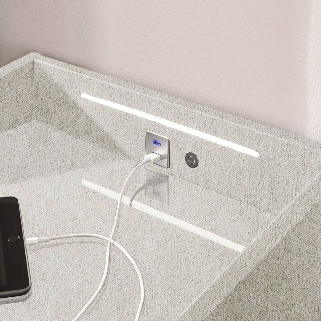 Polsternachttisch Randy Webstoff H 61cm mit LED-Beleuchtung und USB-Anschluss