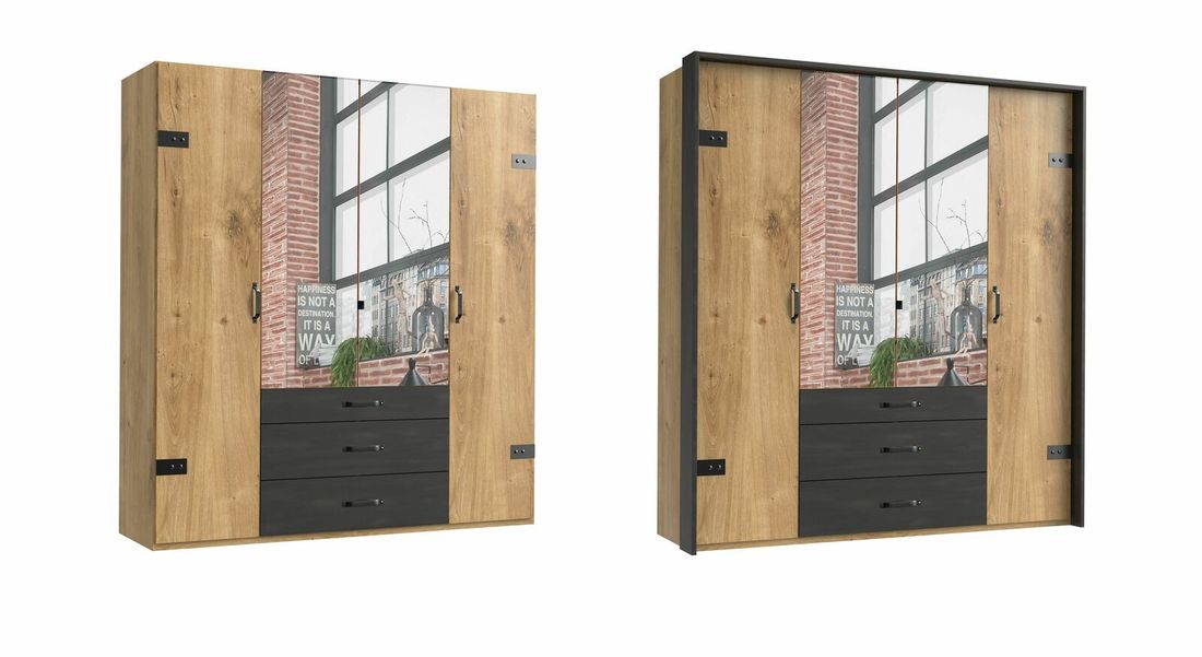 Drehtüren-Kleiderschrank Mancos Eiche Dekor mit Spiegel und Schubladen