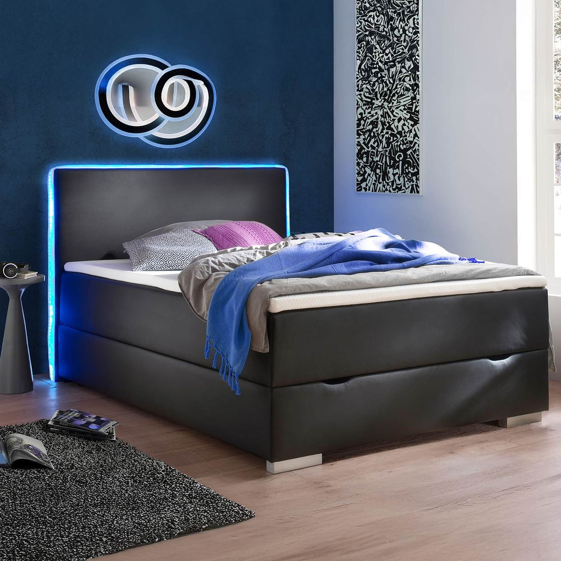 Boxspringbett Merwin Kunstleder mit Beleuchtung und Bettkasten