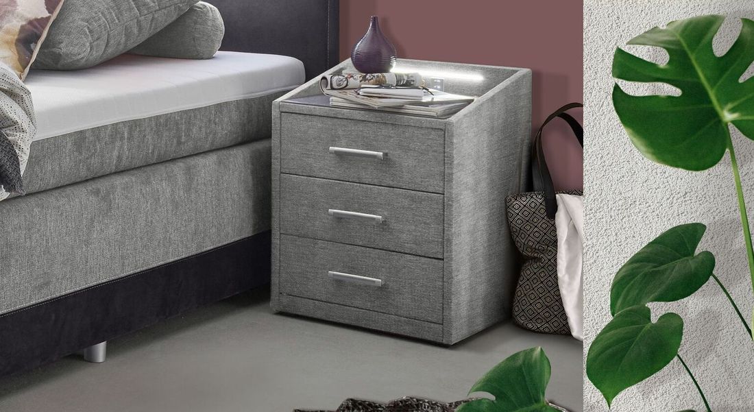 Polsternachttisch Cody Webstoff H 61cm mit LED-Beleuchtung und USB-Anschluss