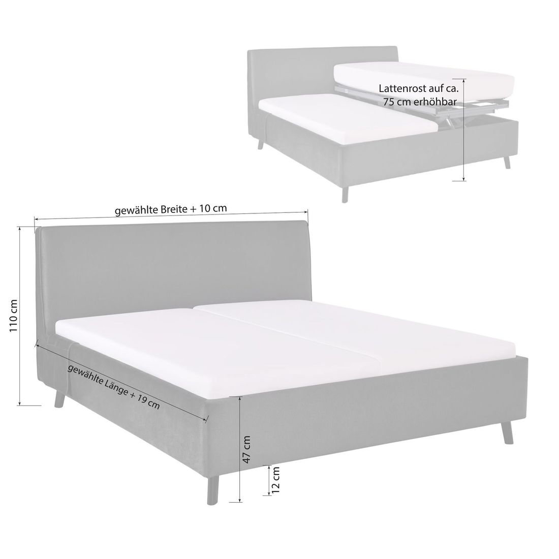 Polsterbett Thea Komfort Velours mit Pflegebett-Funktion und Lattenrost
