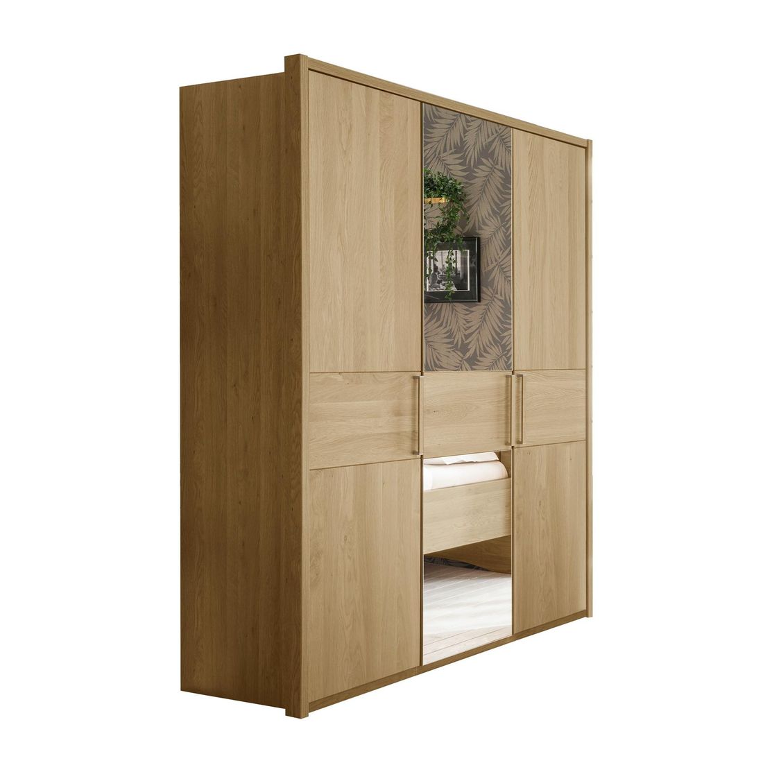 Drehtüren-Kleiderschrank Ayla Eiche teilmassiv mit Spiegel und Holzfront