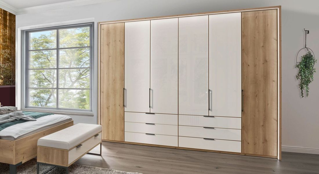 Drehtüren-Kleiderschrank Estiva Eiche Dekor mit Glasfront und Schubladen