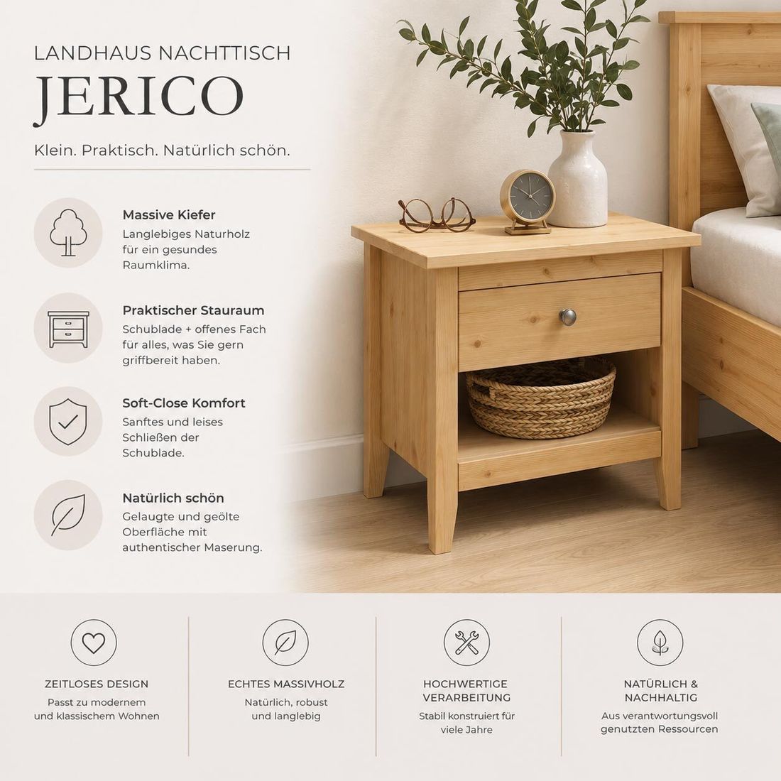 HOMELIV. Nachttisch Jerico Kiefer Massivholz H 51cm