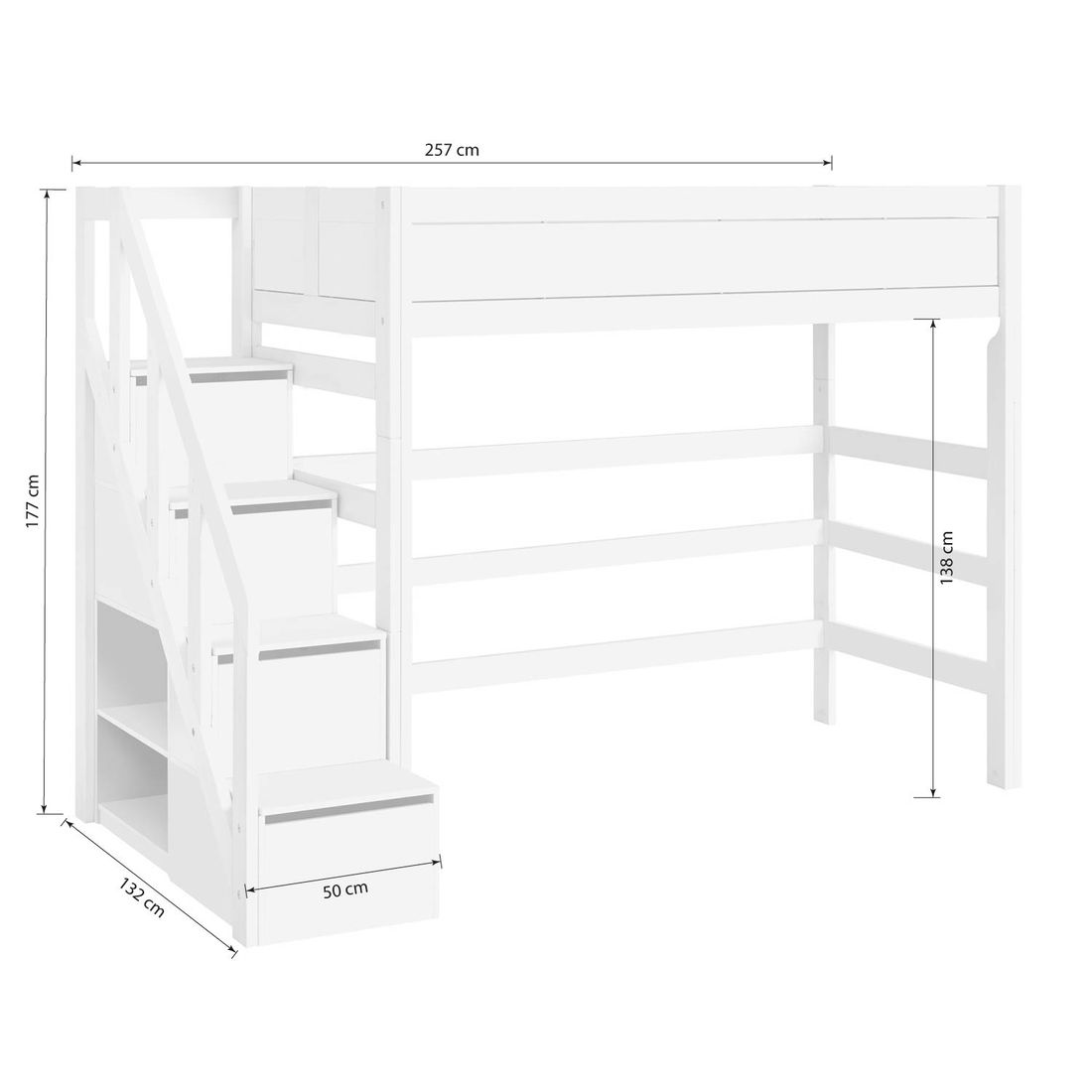 LIFETIME Hochbett Original Kiefer Massivholz mit Lattenrost und Treppenmodul