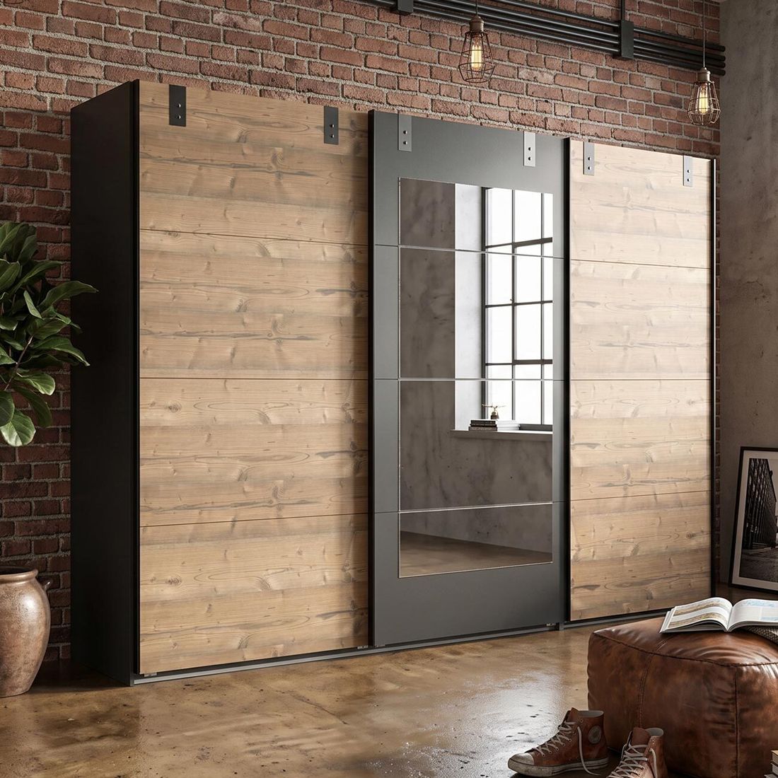 Schwebetüren-Kleiderschrank Midori Tanne Dekor mit Spiegel H 210cm