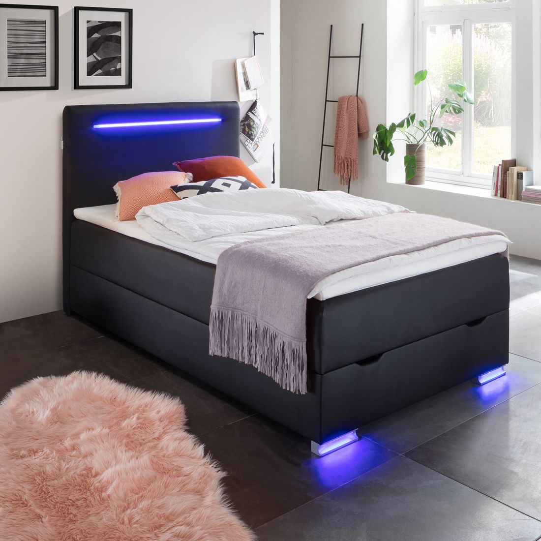 Boxspringbett Andrik Kunstleder mit Beleuchtung und Bettkasten