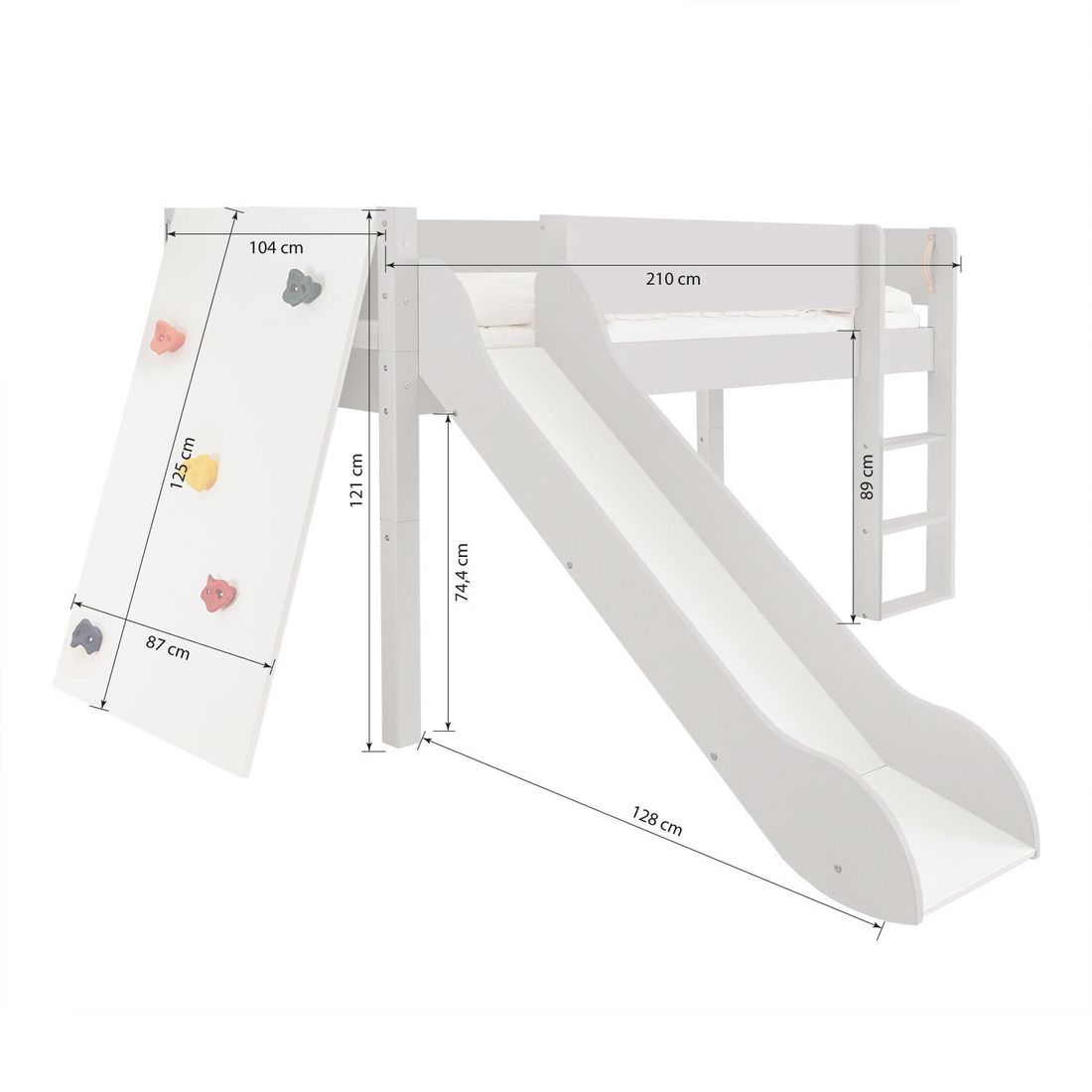 Mini-Hochbett Kids Town Color Buche teilmassiv mit Lattenrost, Rutsche und Kletterwand