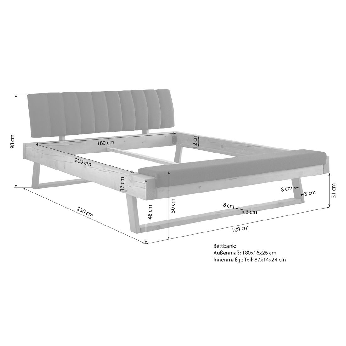 Balkenbett Sakina Komfort Fichte Massivholz mit Bettbank 180x200cm