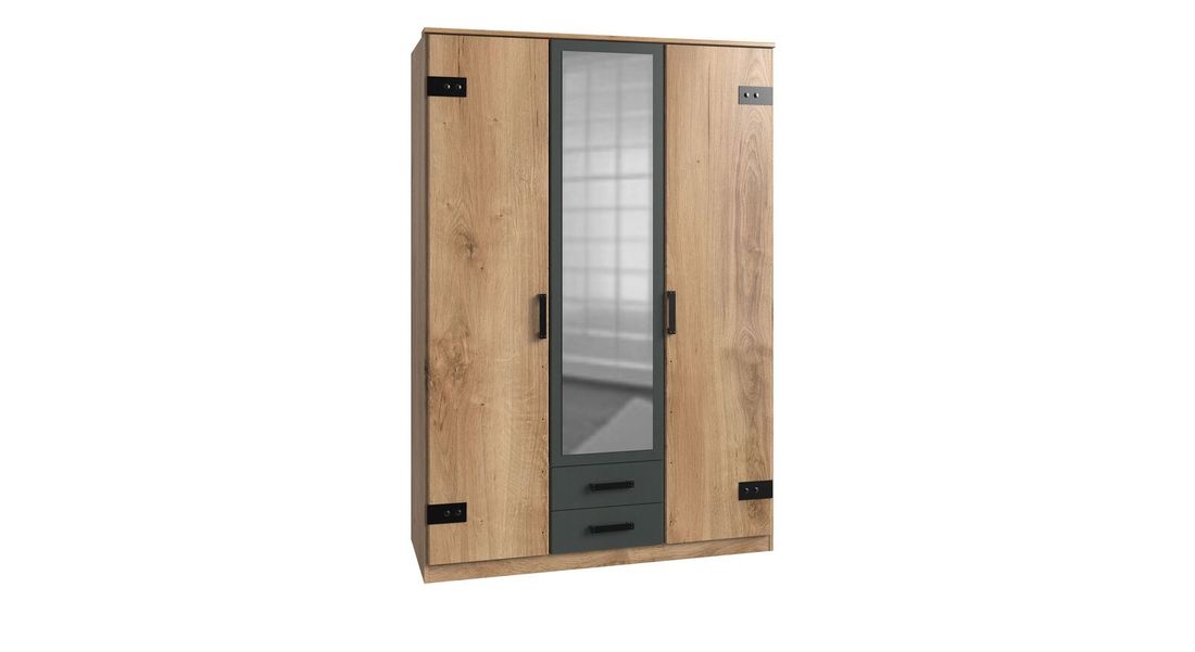 Drehtüren-Kleiderschrank Nolan mit Spiegel und Schubladen 135x198cm