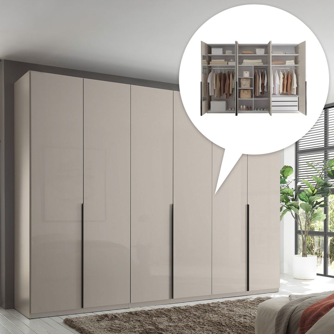 Drehtüren-Kleiderschrank Torvian 302x225cm mit Innenausstattung Kaschmir Hochglanz