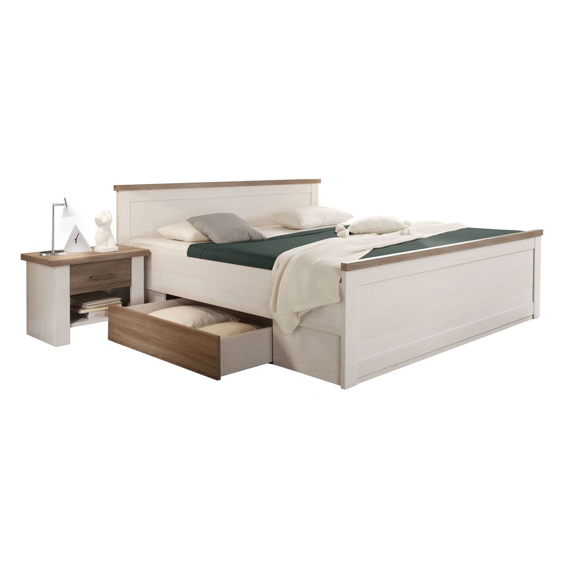 Bett Jordi Komfort Pinie Dekor mit Nachttischen und Schubkasten