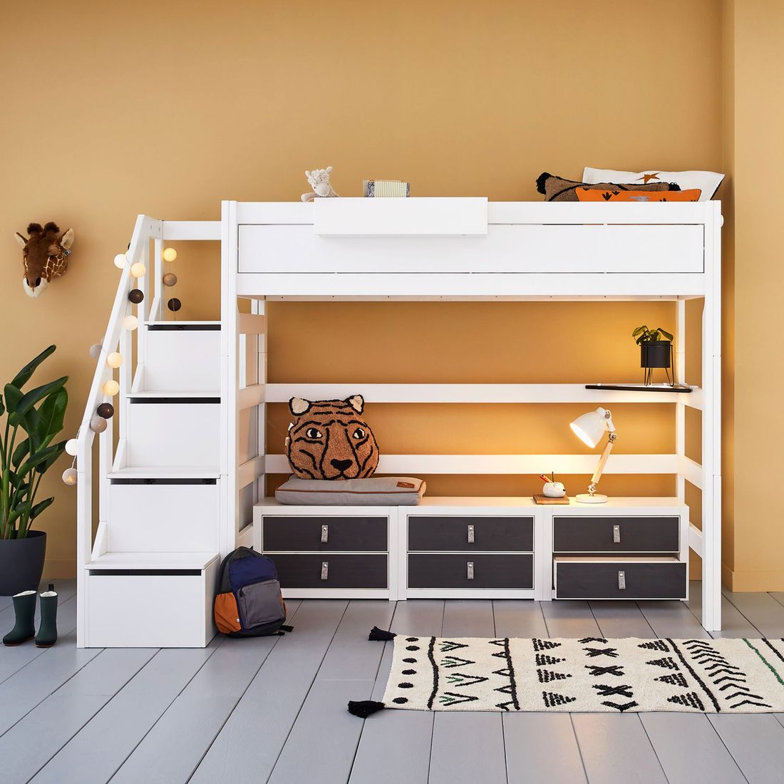LIFETIME Hochbett Original Kiefer Massivholz mit Lattenrost und Treppenmodul