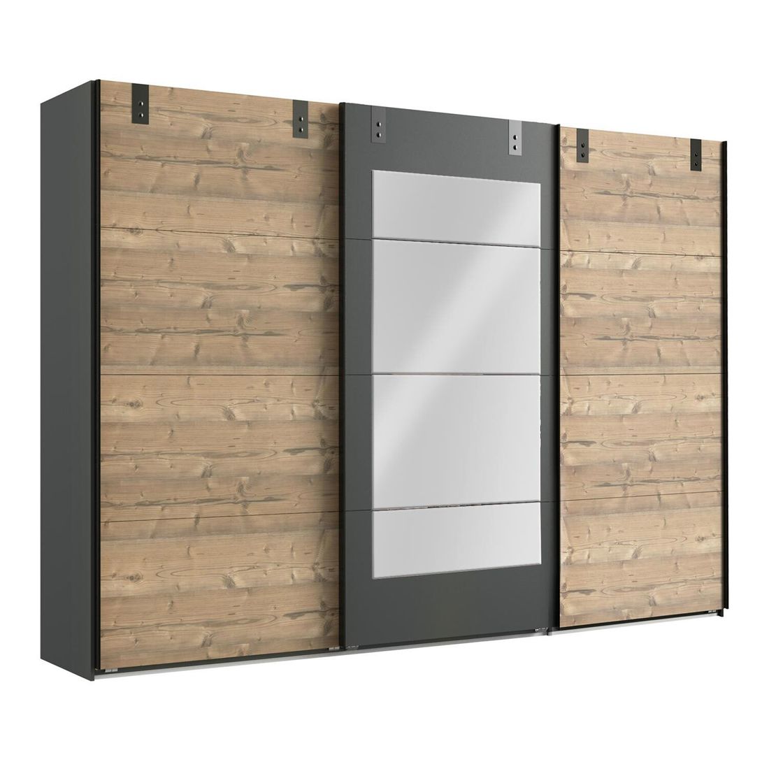 Schwebetüren-Kleiderschrank Midori Tanne Dekor mit Spiegel H 210cm