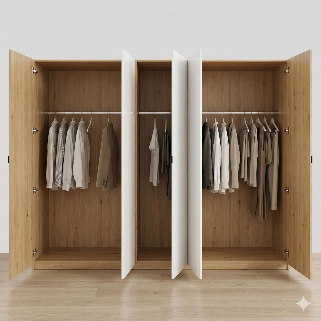 Drehtüren-Kleiderschrank Vildan Wildeiche Massivholz mit Glasfront 300x216cm