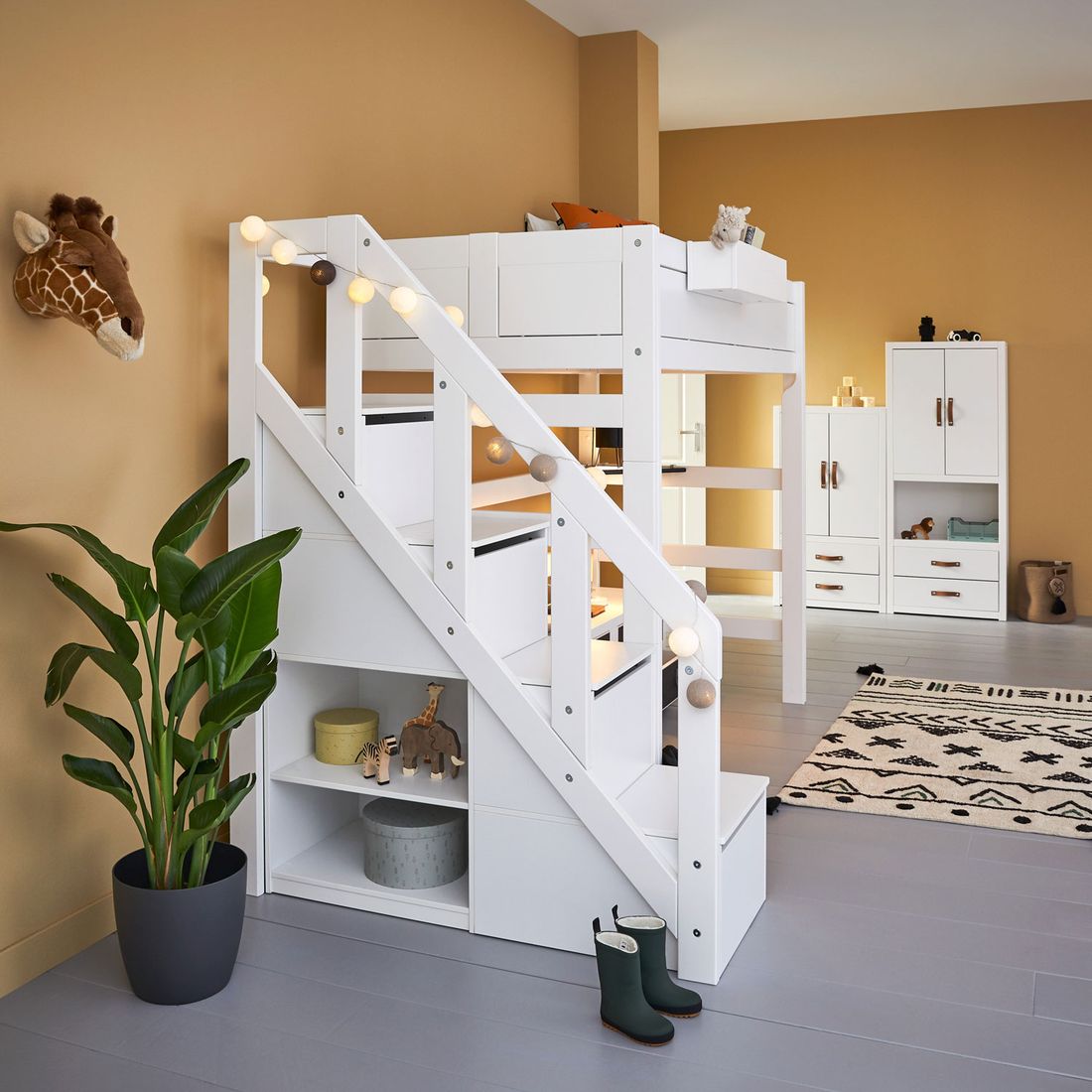 LIFETIME Hochbett Original Kiefer Massivholz mit Lattenrost und Treppenmodul