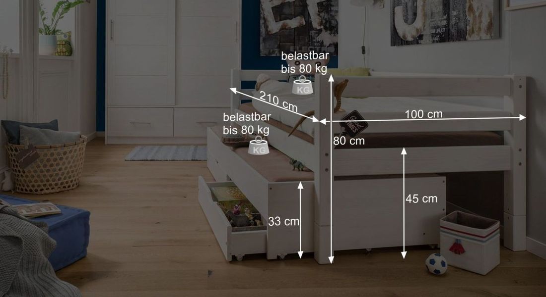 Ausziehbett Kids Paradise Kiefer Massivholz mit Lattenrost und Bettschublade